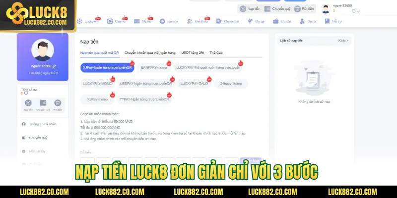 Nạp tiền Luck8 đơn giản chỉ với 3 bước